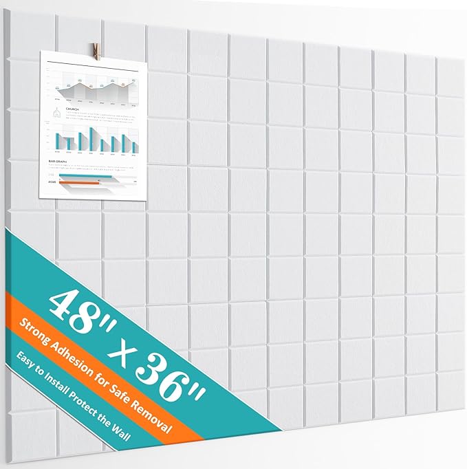Cork Board for Walls 48" x 36", Bulletin Board for Office Decor, 12 Pack Felt Wall Tiles with Safe Removable Adhesive, Pin Tack Corkboard for Quilting Design & Dart Wall Protector - White