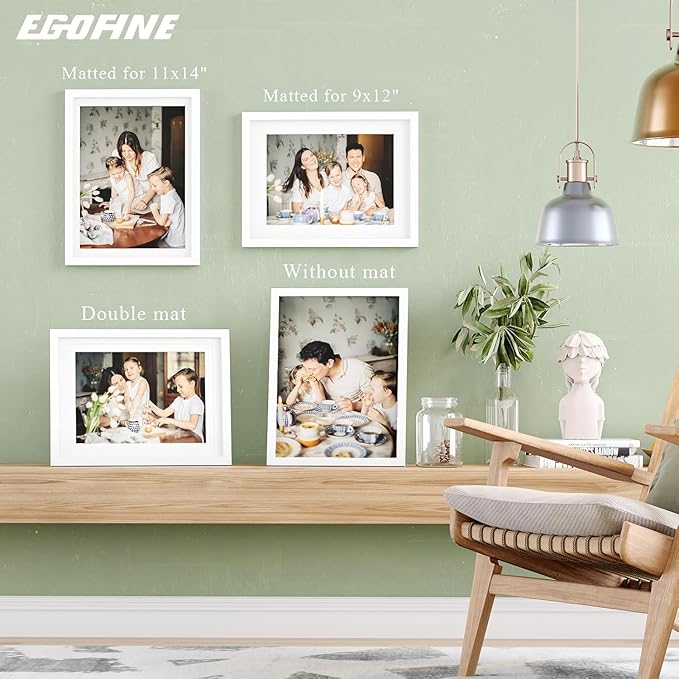 Egofine 12x16 Picture Frames White Set of 2, Solid Wood Frames Covered by plexiglass, Display photos 9x12/11x14 with Mat or 12x16 without mat, for Wall Mounting