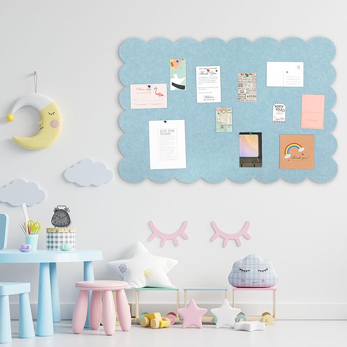 Scalloped Felt Bulletin Board 36 x 24 Inches Foldable Blue Pin Cork Board Alternative for Wall, 3' x 2' Trifold Picture Vision Self Adhesive Bulletin Decorative