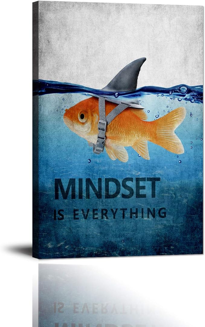 Goldfish Shark Canvas Wall Art Inspirational Entrepreneur Quotes Poster Mindset is Everything Motivational Painting Picture Print Artwork for Living room Bedroom Office Home Decor Framed (12" Wx16 H)