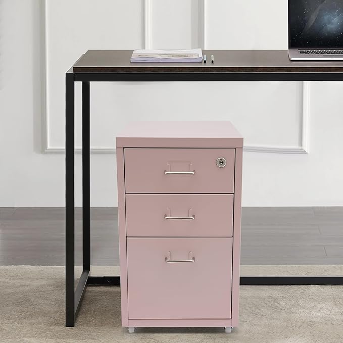 3-Drawer Vertical File Cabinet, 11*16*18.3in Rolling File Cabinet, Mobile Organizer Storage Cabinet with Lock, Office Filing Storage Cabinet Under Desk fits A4 Size, for Home Office (Pink)