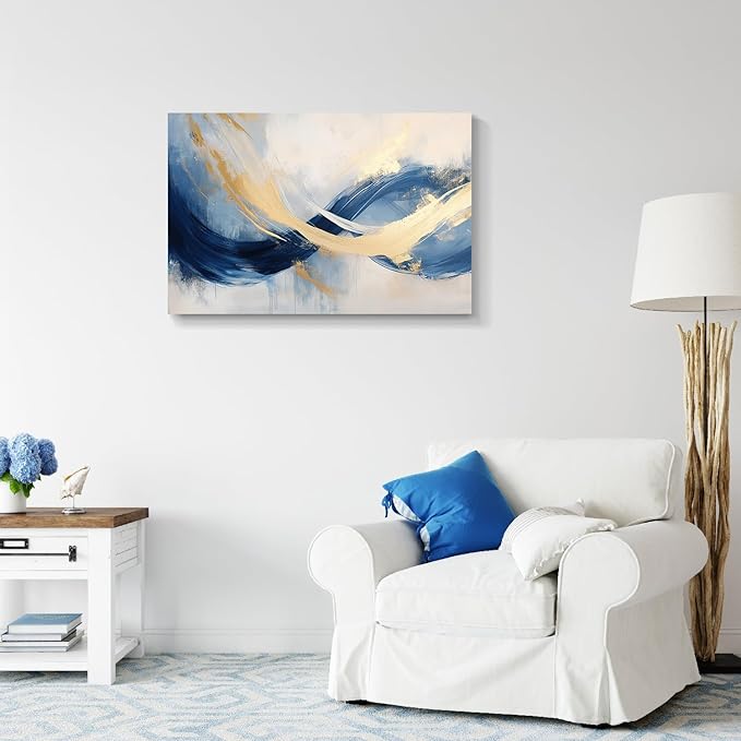 gaosoul Blue Gold Abstract Canvas Art Modern Oil Painting Giclee Print Bold Navy Azure Swirls with Metallic Gold Highlights for Living Room Home Office Decor Framed 24x16in
