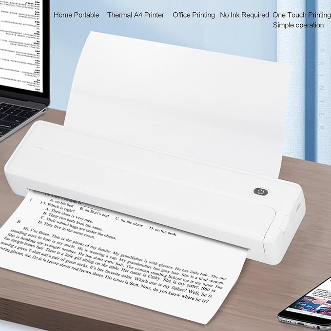 GOWENIC Portable Cordless Printer, BT A4 Thermal Inkless Printer with App for Photo Label Receipt Study Notes Printing, Environmental Friendly Home School Office