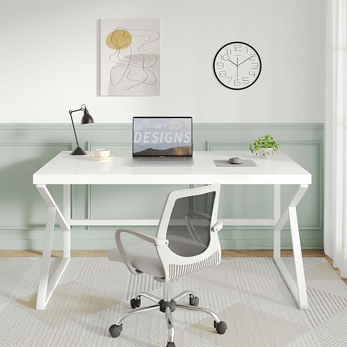 HSH White Computer Desk, Modern Wood Home Office Desk, PC Desk for Executive Work Writing Study Gaming Student Bedroom, Farmhouse Simple Wooden and Metal Computer Table Workstation, White Oak 55 Inch