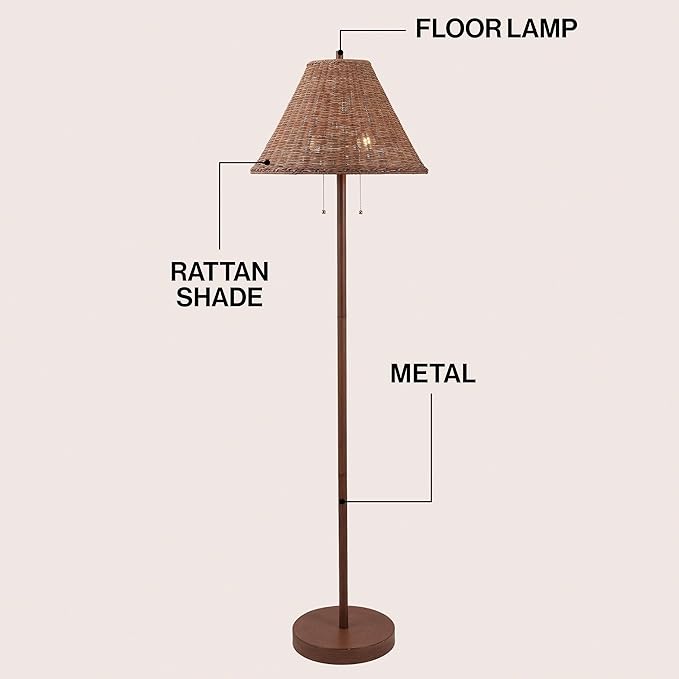 JONATHAN Y 61" Dark Brown Wood Finish 2-Light Coastal Bohemian LED Floor Lamp for Living Room, Brown Rattan Shade, Mid-Century Modern Tall Standing Lamp, Pull-Chain, LED Bulbs Included (JYL3092C)