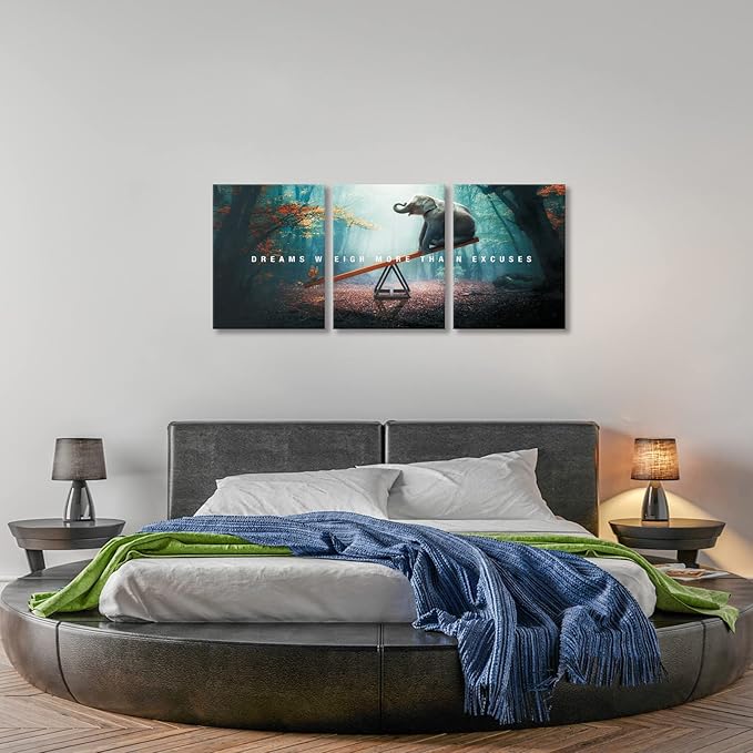 BWSPACE Inspirational Wall Decor, Motivational Canvas Wall Art, grind hustle wall art 3 Pieces Wall Art Decorations for Office Living Room and Bedroom Decor (Elephant, 48" W x 24" H)
