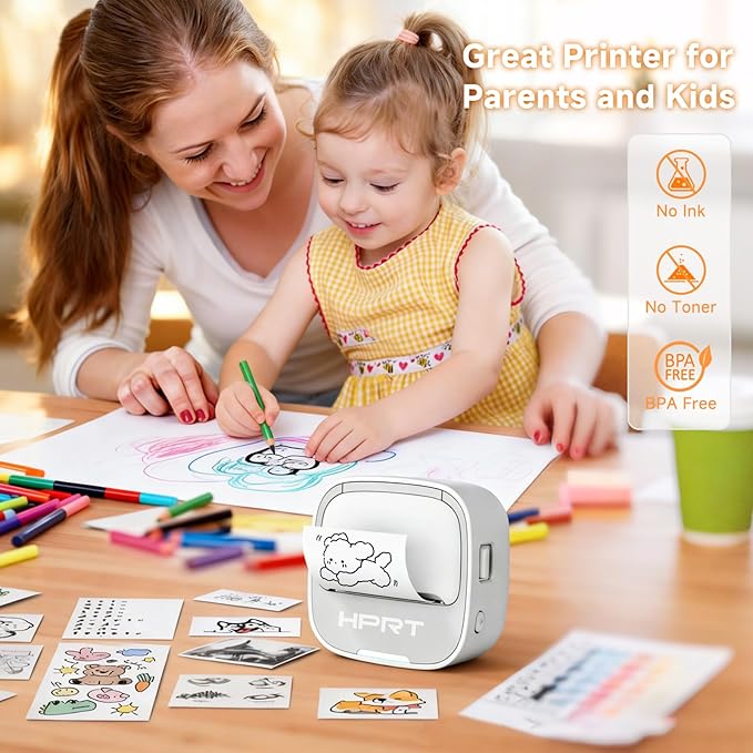 HPRT Sticker Printer, S1 Mini Portable Thermal Mini Inkless Label Printer with bluetooth Stable Connection & Clear Printing for Notes, Journal, Home, Office, Kids, DIY Free App with Multiple Templates
