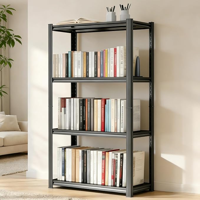 Book Shelf, Modern Tall Bookcase, Bolt-free Metal Storage Shelves for Books CDs Movies Garage Kit, Adjustable Display Bookshelf in Living Room, Bedroom, Kitchen, Office, Black (27.6"W x14"D x59"H, 4)