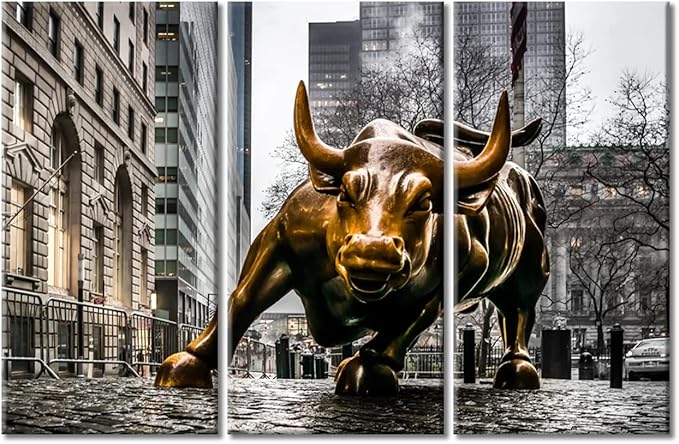Wall Art for Living Room Bedroom 3 Pieces Wall Street Copper Bull Artwork Bull Poster Modern Wall Decor for Living Room Bedroom Study Room Office With Wood Framed - 42" Wx28 H