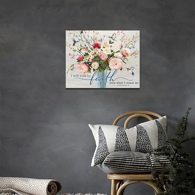 Christian Wall Art Bible Verses Pictures Wall Decor Rustic Floral Canvas Country Flower Print Painting Modern Home Artwork for Bathroom Bedroom Living Room Office Framed 16"x12"