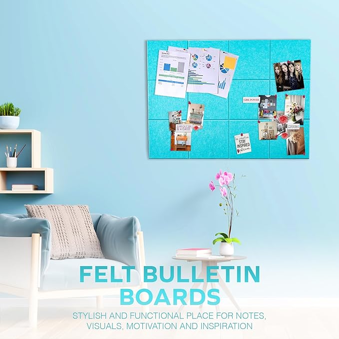 Bulletin Board 40x30in, 12 Count 9.8 x 9.8in Felt Wall Tiles with Removable Adhesive Tape, Cork Board Alternative for Walls, Wall Decor, Kids Art Display, Kids Room (Aqua Collection)