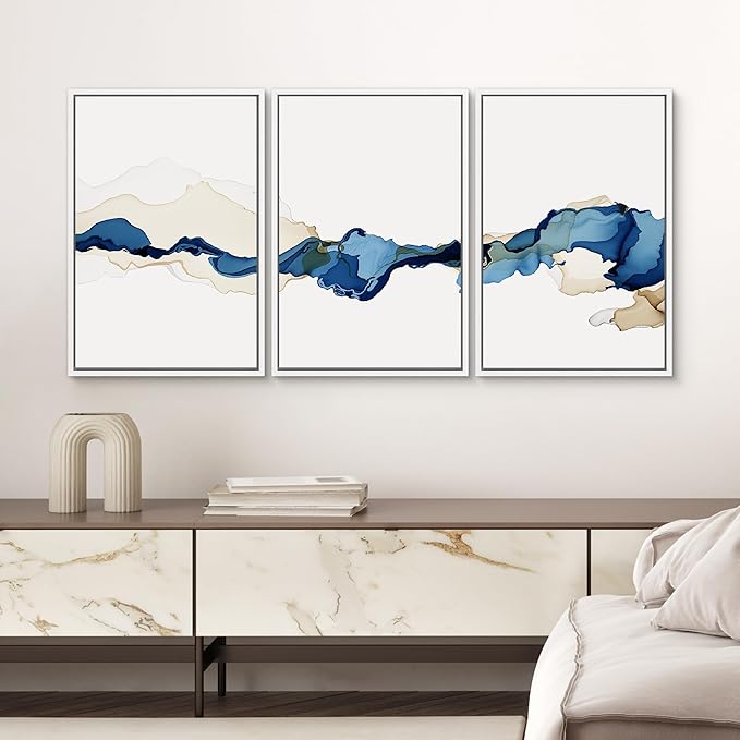 SIGNWIN 3 Piece Framed Canvas Wall Art Blue and Brown Watercolor Nature Wilderness Illustrations Abstract Traditional Relax/Calm Home Artwork Decoration for Living Room,Bedroom - 16"x24"x3 White