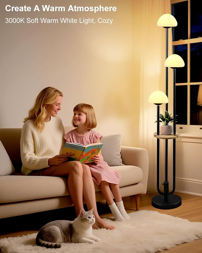 Lightdot Black Dimmable Floor Lamp with Table, Modern Floor Lamps for Living Room, 3000K Warm Lights Tall Standing Lamp with Mushroom Shades & Bulbs Included for Bedroom/Sofa Beside/Corner Decor