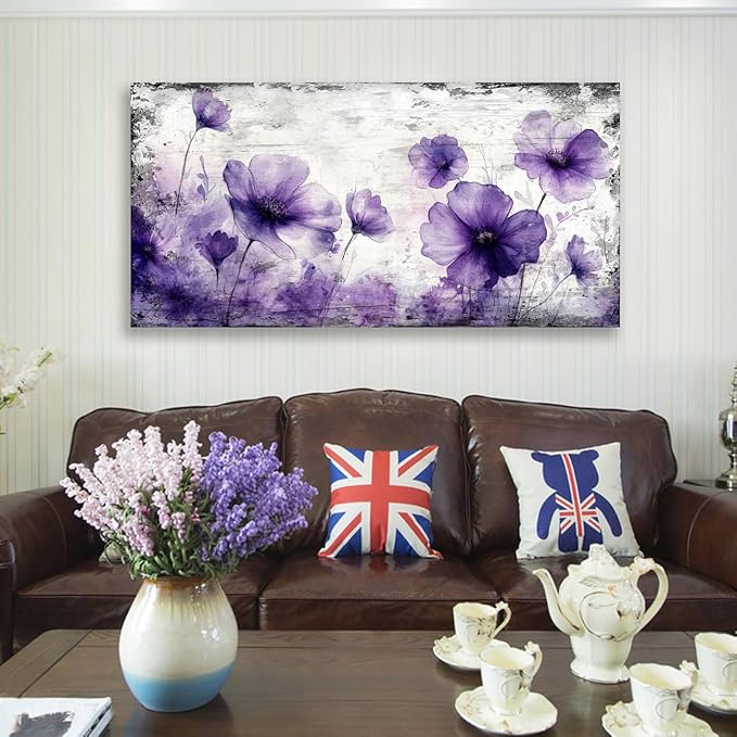 JLXART Canvas Wall Art for Living Room Decor Purple Floral Picture Modern Watercolor Poppy Painting Artwork Home Decor Framed Wall Decor Small Size 20 x 40 in Ready to Hang