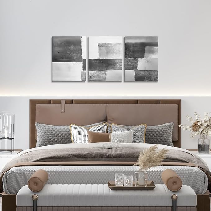 jejeloiu Modern Art 3 Piece Canvas Wall Art for Living Room Bedroom Abstract Art Picture Wall Decor 12"x16"x3pcs Gray White Abstract Oil Painting Office Decorations Artwork Posters