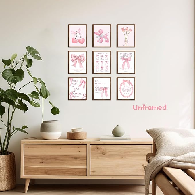 Pink Bows Bible Verse Christian Canvas Wall Art Set of 9, Trendy Posters Prints Wall Decor, Cute Coquette Preppy Girls Aesthetic Room Decor Gifts for Bedroom Living Room Home Decor 8x10inch Unframed