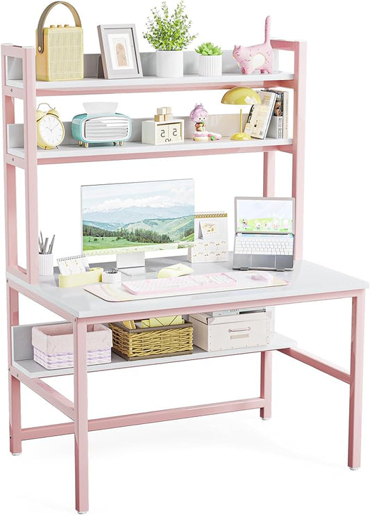 Aquzee Pink Desk Hutch, 47in Woman Computer Desk with Bookshelf & Storage Shelves, Space Saving Girls Writing Study Craft Table for Bedroom Kids Room, White Wood & Pink Iron Home Office Desks