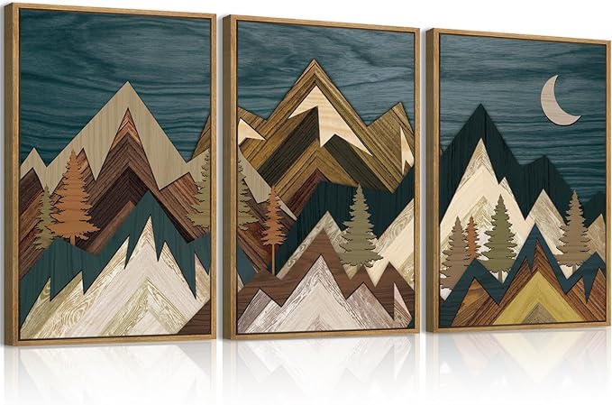 BINCUE Framed Mountain Wall Art,Neutral Landscape Canvas Wall Art,Blue Boho Mountain Artwork Woodcut,Modern Forest Moon Nature Painting for Home Bedroom Living Room Office 16x24 Inches Set of 3