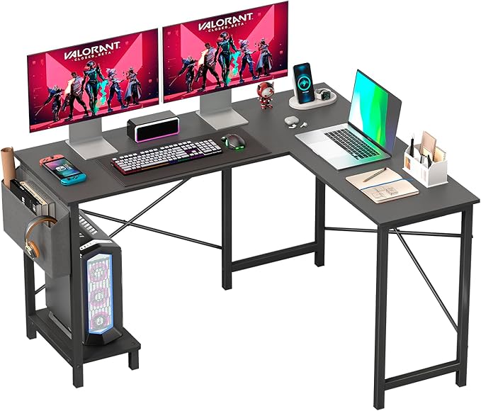 FDW 50 Inch L-Shaped Desk,Gaming Desk Computer Desk with Side Storage Bag & CPU Stand,Corner Desk for Home Office,Bedroom,Writing & Gaming,Black