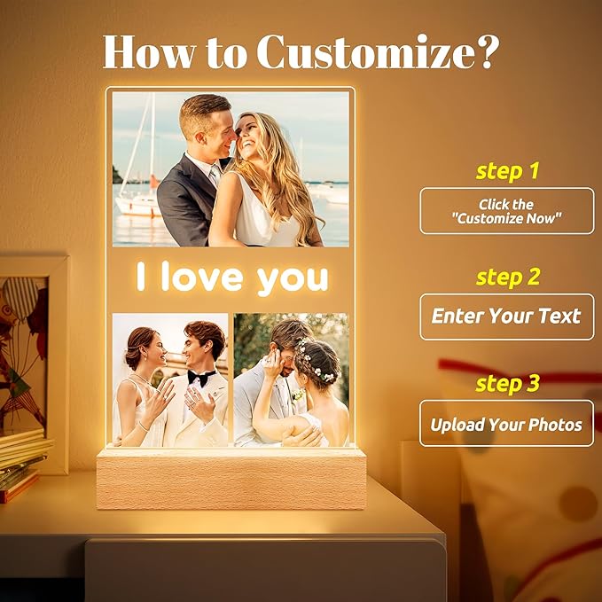 Custom Picture Frames with Photo, Personalized Photo Frame with Night Light, Customized Gifts for Girlfriend Boyfriend, Personalized Anniversary Birthday Gifts for Women Men Her Him Couple