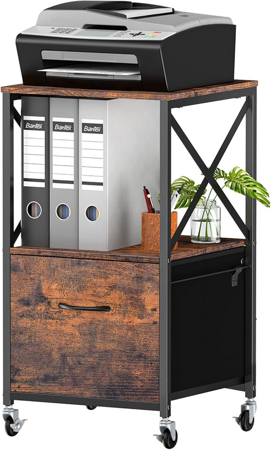 1 Drawer File Cabinet, Vertical Filing Cabinets for Home Office, Drawer with Adjustable Hanging Rail, A4/Letter Size Hanging File Folders, Open Shelf, Mobile Under Desk Storage, Rustic Brown