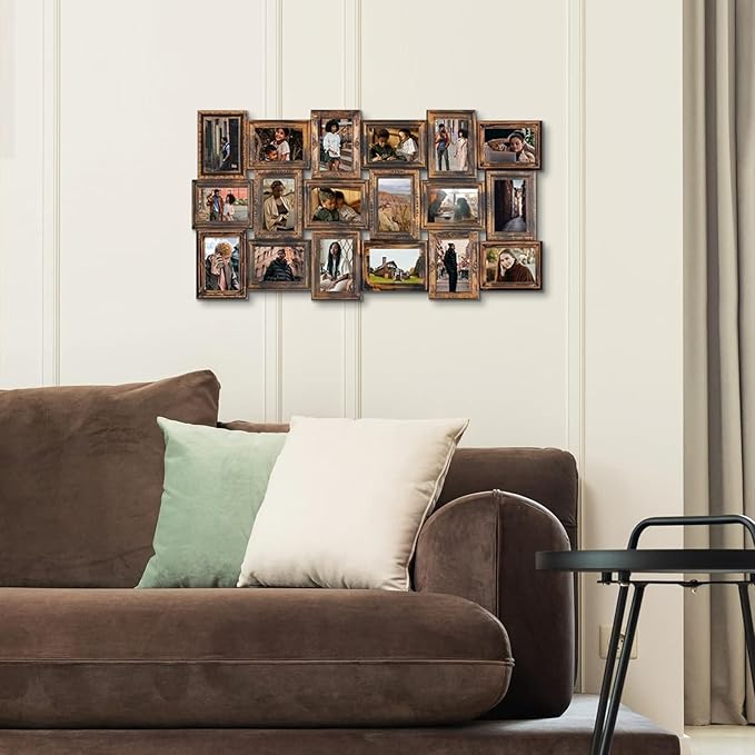 J.M.Deco Collage Picture Frames for Wall Decor, 18-Opening Reunion Family Friends Picture Frame Set, 4 x 6 Photo Frames for Living Room, Gallery Puzzle Collage Wall Hanging, Vintage Gold