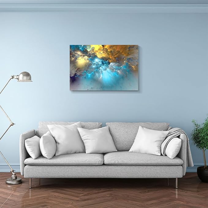 Golden Canvas Wall Art Blue Modern Abstract Painting Prints Colorful Smoke Billowing on White Background Framed Energetic Artwork Pictures for Living Room Bedroom Hallway Wall Decoration 36x24in