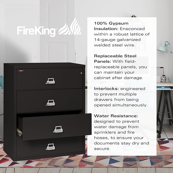 FireKing Fireproof Lateral File Cabinet (4 Drawers, Impact Resistant, Water Resistant), 44" W x 22" D, Black, Made in USA
