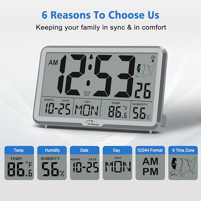 WallarGe Atomic Wall Clock with Backlight, Digital Wall Clock Battery Operated for Classroom, Bedroom, Office, Large Display with Indoor Temperature, Humidity, Date, AUTO DST, 6 Time Zones