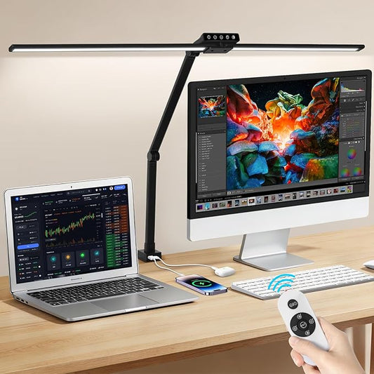 OUTON 29.5" LED Desk Lamp with Clamp for Home Office, 24W Eye-Caring Architect Desk Lamp for Dual Monitors, USB-C & USB-A Ports, Remote & Touch Control, 5 Color Temperatures, Stepless Dimming