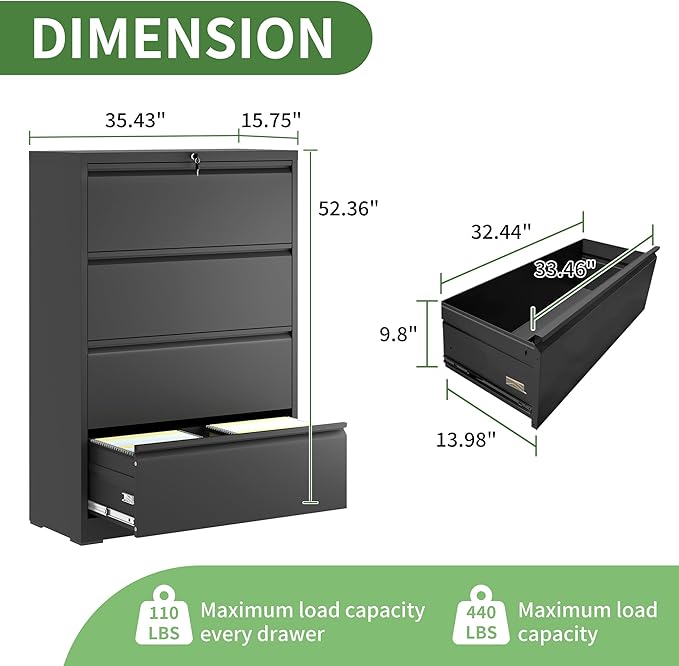 4 Drawer File Cabinet,Metal Lateral Filing Cabinet with Lock,Home Office Storage Organizer Cabinet for Legal/Letter/A4/F4 Size Files,35.5" W,Black