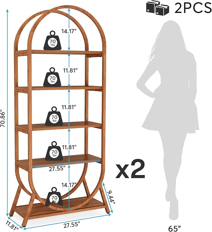 Tribesigns 5-Tier Open Bookshelf, 70.8" Tall Arched Bookcase, Modern Brown Storage Bookshelves, Freestanding Display Rack Shelving Unit for Office, Bedroom, Living Room, Easy Assembly (2PCS)