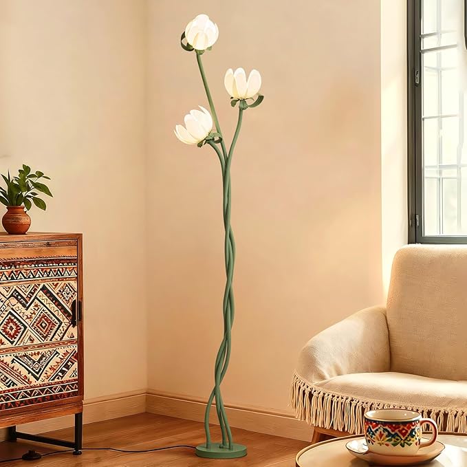 Vintage Floral Floor Lamp with 3 Adjustable LED Heads, Green Standing Lotus Light for Living Room Bedroom, 67" Tall Artistic Metal Lamp with Petal Shades, Foot Switch, LED Bulbs Included