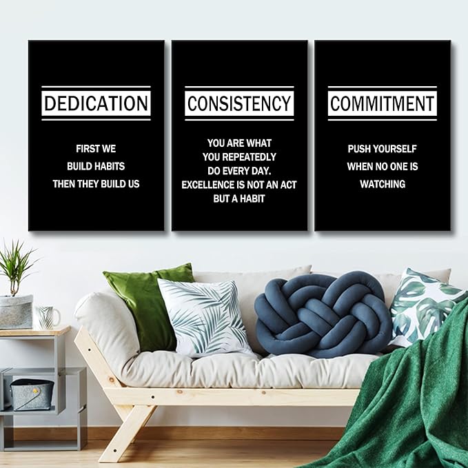 Motivational Poster Wall Decor Dedication Consistency Commitment Inspirational Wall Art Positive Signs Canvas Picture Painting for Office Living Room Workplace Artwork Ready to Hang [60''Wx28''H]