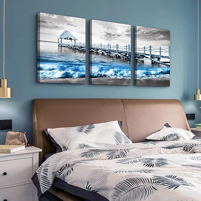 DZRWUBHS Black And White Beach Wall Art - 3 Piece Framed Posters For Living Room, Bedroom, Office - Ocean Sea Wave Pictures