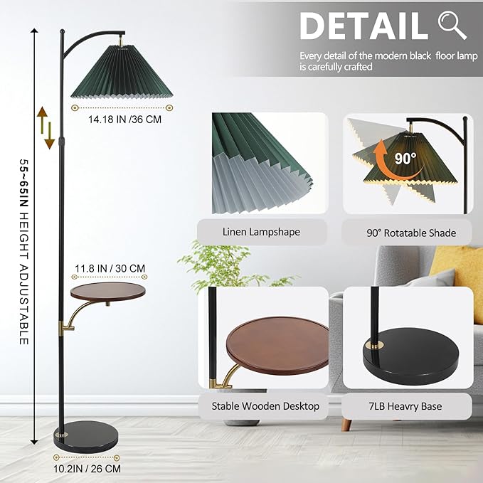 Floor Lamp with Table for Living Room, Tall Standing Lamps with Shelves, Height Adjustable Lamp Table Combo, Dimmable Corner Rustic Lamps with Tray for Bedroom Office, Bulb Included (Pleated Green)
