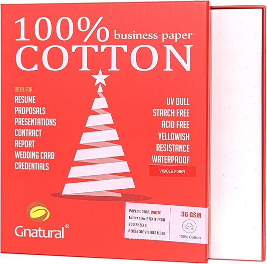 100% Cotton Premium Business Paper, 8.5x11 Inch Inkjet Laser Printing 36GSM Waterproof, 200 Sheets, White Color