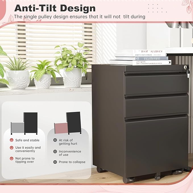 Superday Black File Cabinet 3 Drawer, Fully Assemble Metal Rolling Vertical Filing Cabinet with Wheels, Small Under Desk File Cabinets for Home Office