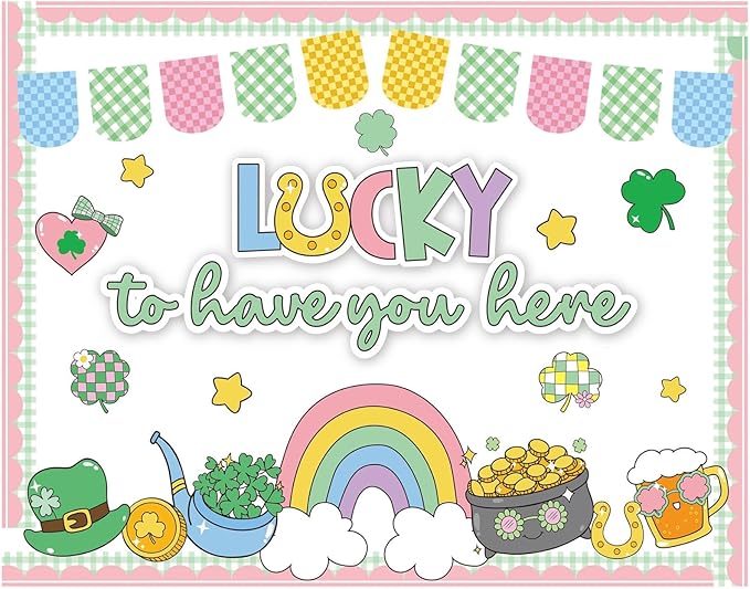 St. Patrick's Day Bulletin Board Decorations Set with Borders Lucky to Have You Here Classroom Decor for Teachers Cute St. Patrick's Day Cutouts for Class School Classroom Bulletin Board Decoration