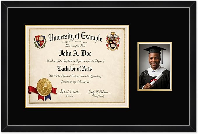 CountryArtHouse Fits 15 x 12 Military/Government and 5 x 7 Photo Diploma and Photo Frame Matte Black Genuine Hardwood with Black Over Metallic Gold Double mat