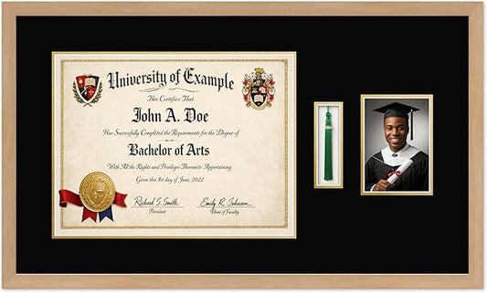 CountryArtHouse Diploma Tassel and Photo Shadowbox Fits 17 x 13 International Diploma with Tassel Hook and Natural Wood Genuine Hardwood with Black Over Metallic Gold Double mat