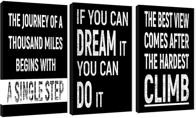 3 Piece Inspirational Wall Art, Black Background Sayings Picture, Quotes Motivational Canvas Prints for Gym Wall Decor, Triptych Entrepreneur Painting Framed Artwork for School Decor (36"Wx18" H)