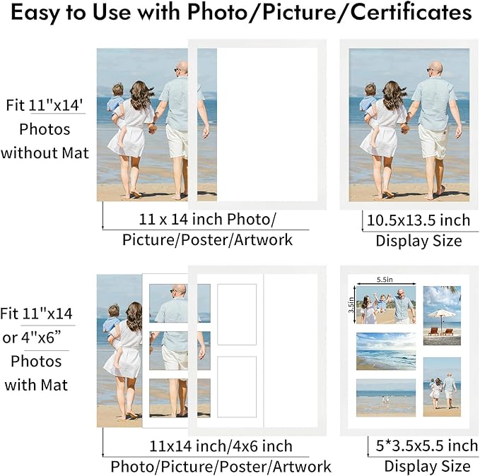 11x14 Collage Picture Frame, Displays 5Pcs 4x6 Photos with Mat or 1Pcs 11by14 Picture without Mat for Wall Hanging, Picture Frames Collage Wall Decor, 1 Pack，White