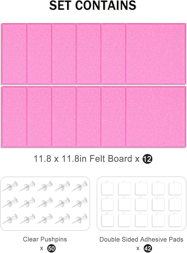 Hsurbtra Large Cork Board for Wall 47 x 36 Inch, 12 Pack Felt Bulletin Notice Board with Pushpins for Office Home School Farmhouse Wall Decor, Pink