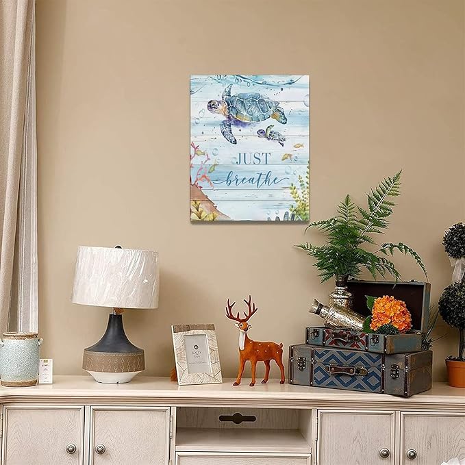 yerretin Nautical Sea Turtle Wall Art Ocean Just Breathe Pictures Wall Decor Beach Canvas Painting Modern Artwork Home Decoration for Bathroom Living Room Bedroom Office Framed 16"x20"