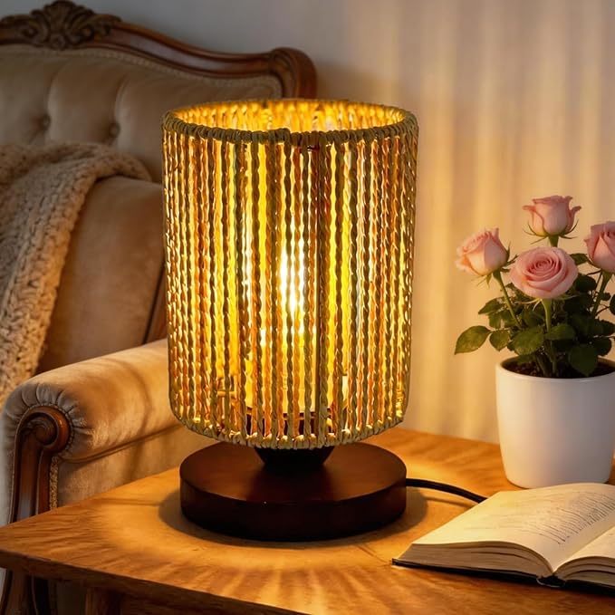 Rattan Table Lamp, Boho Bedroom Bedside Small Lamps with Warm White LED Bulb, Vintage Wooden Nightstand Nightlight, Rustic Handmade Woven End Desk Lamps for Bedroom Living Room Study Kids Room