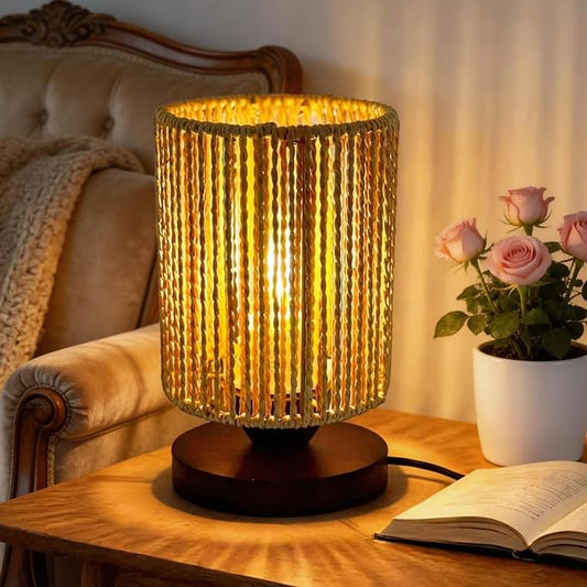 Rattan Table Lamp, Boho Bedroom Bedside Small Lamps with Warm White LED Bulb, Vintage Wooden Nightstand Nightlight, Rustic Handmade Woven End Desk Lamps for Bedroom Living Room Study Kids Room