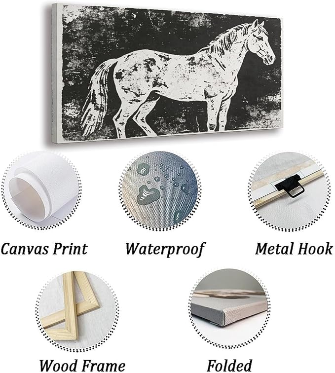 Vintage Horse Framed Canvas Wall Art for Office, Black White Rustic Wall Decor 58" L x 28" W