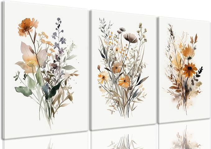 Bwodke Framed Wildflower Wall Art Colorful Botanical Floral Poster Canvas Prints Set of 3 Minimalist Watercolor Flower Pictures Vintage Farmhouse Decor Painting Bedroom Bathroom Living Room 12"x16"