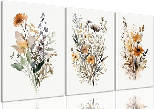 Bwodke Framed Wildflower Wall Art Colorful Botanical Floral Poster Canvas Prints Set of 3 Minimalist Watercolor Flower Pictures Vintage Farmhouse Decor Painting Bedroom Bathroom Living Room 12"x16"